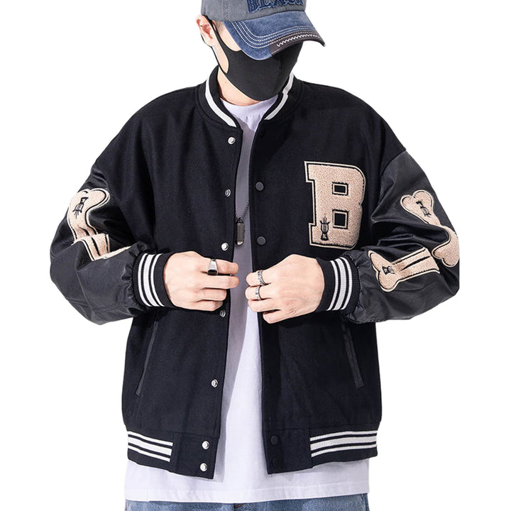 College Jacke Herren Oldschool Sportjacke Varsity Jacket Patchwork Collegiate Baseballjacke Stehkrag