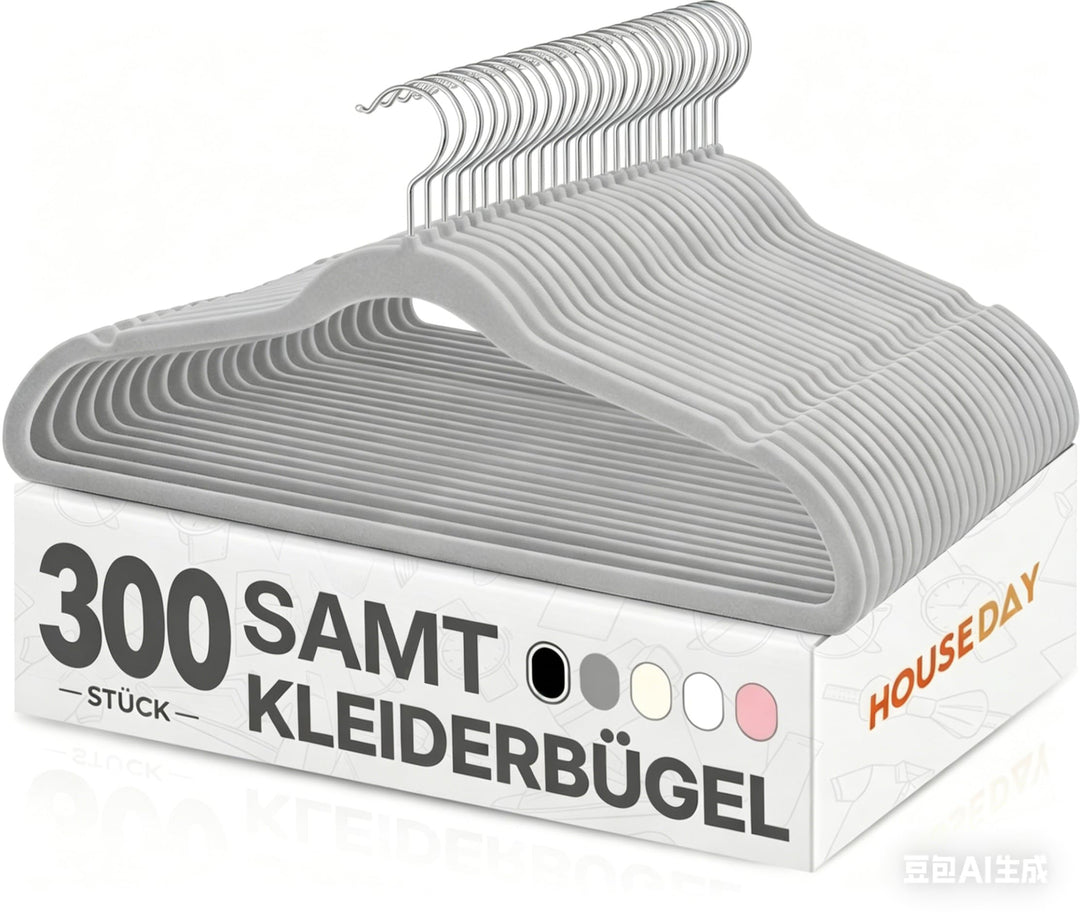 HOUSE DAY Grau Kleiderbügel 300 Stück, Samt Kleiderbügel Rutschfester Filz Bügel -Platzsparende, Pre