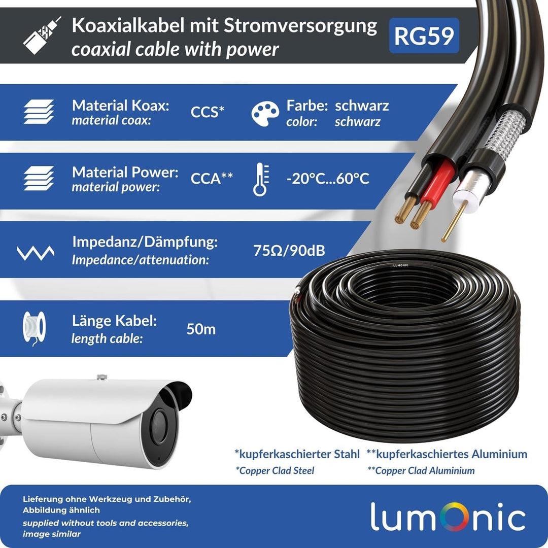 Lumonic RG59 RG59 Koaxialkabel + Stromleitung 50m | CCTV Überwachungskabel mit Power | 75 Ohm Kombik