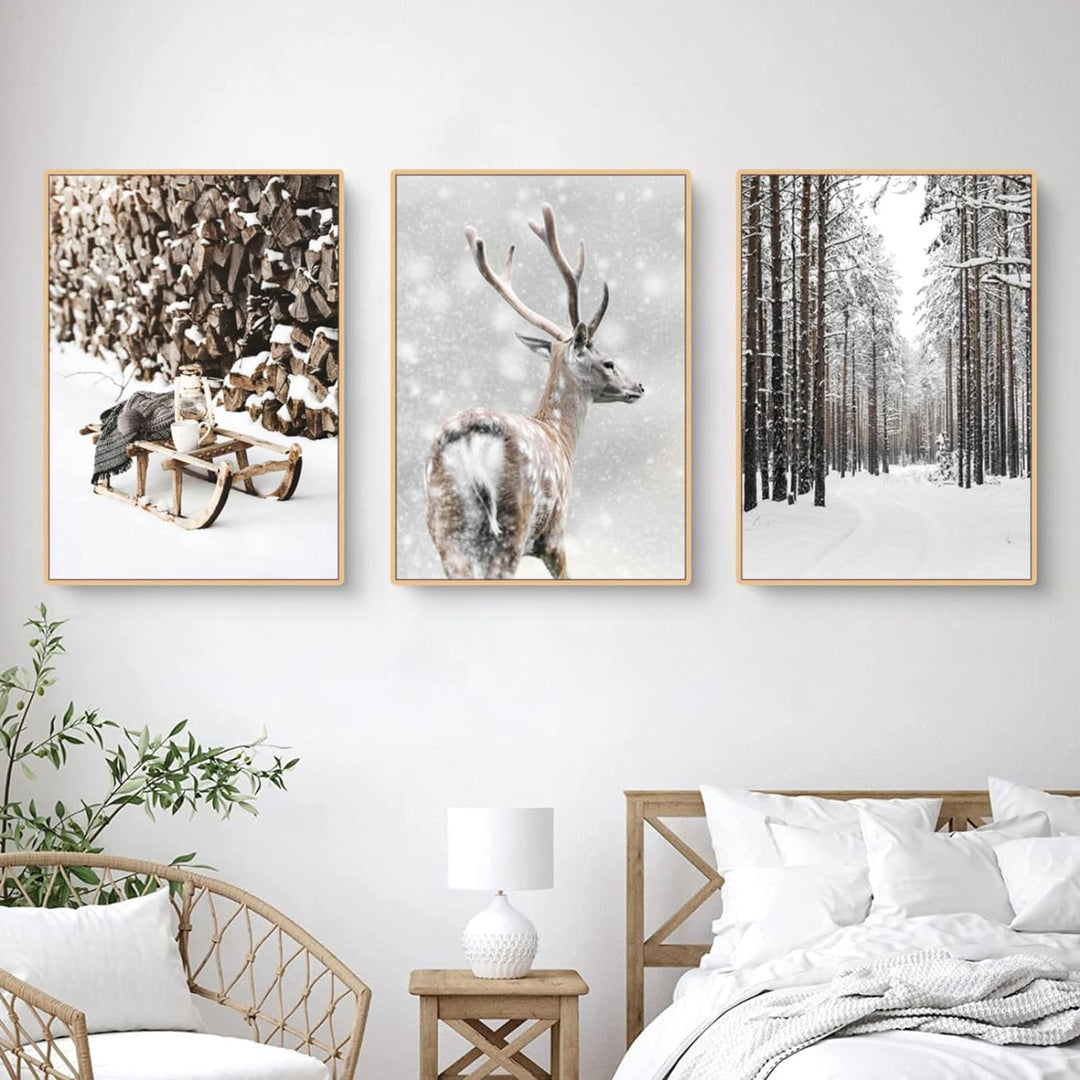 TROYSINC 3er Premium Poster Set, Winter Bilder, Elch, Holzhaus, Wald Wandkunst Wandbilder, Leinwand