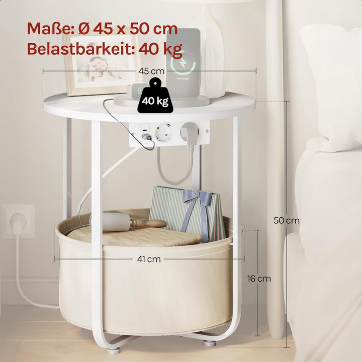 WOLTU Couchtisch rund, Kleiner Beistelltisch mit Steckdose, Abnehmbarer Korb aus Stoff, Metallrahmen