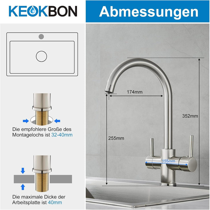 KEOKBON Küchenarmatur 3 Wege Wasserhahn, Tinkwasserhahn und Küchenmischer 360° Drehbar, Gebürstet Ar