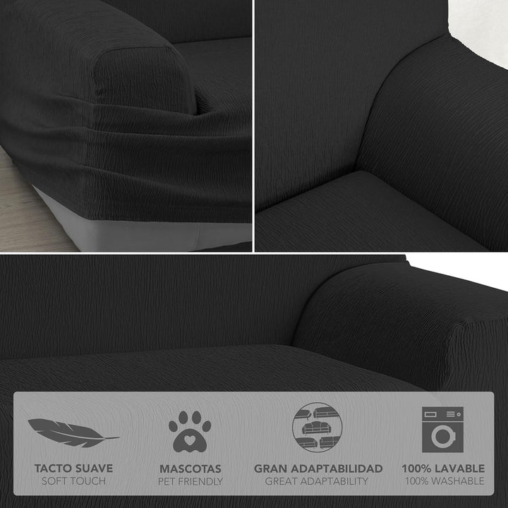 Martina Home Emilia, Elastischer Bezug für 3-Sitzer-Sofa, 170 bis 220 cm breit, Stoff, Schwarz 3 Sit