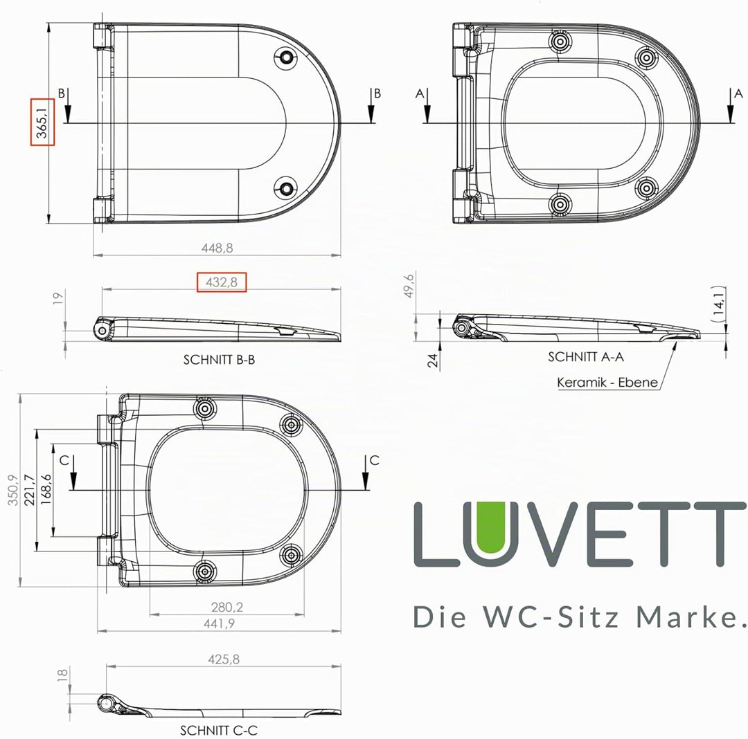 LUVETT® D350 Toilettendeckel mit Absenkautomatik D Form Weiss - SoftClose Klodeckel Abnehmbar - Klob