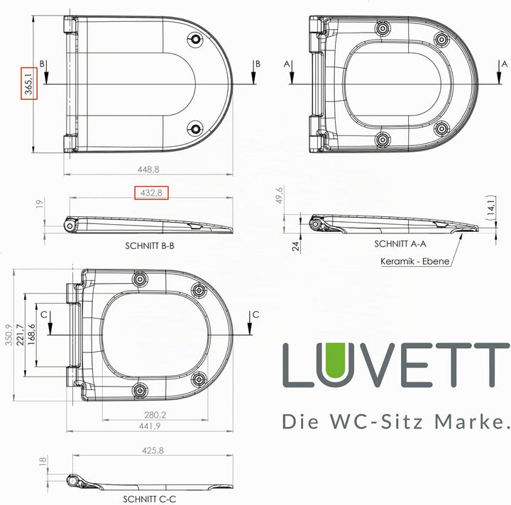 LUVETT® D350 Toilettendeckel mit Absenkautomatik D Form Weiss - SoftClose Klodeckel Abnehmbar - Klob