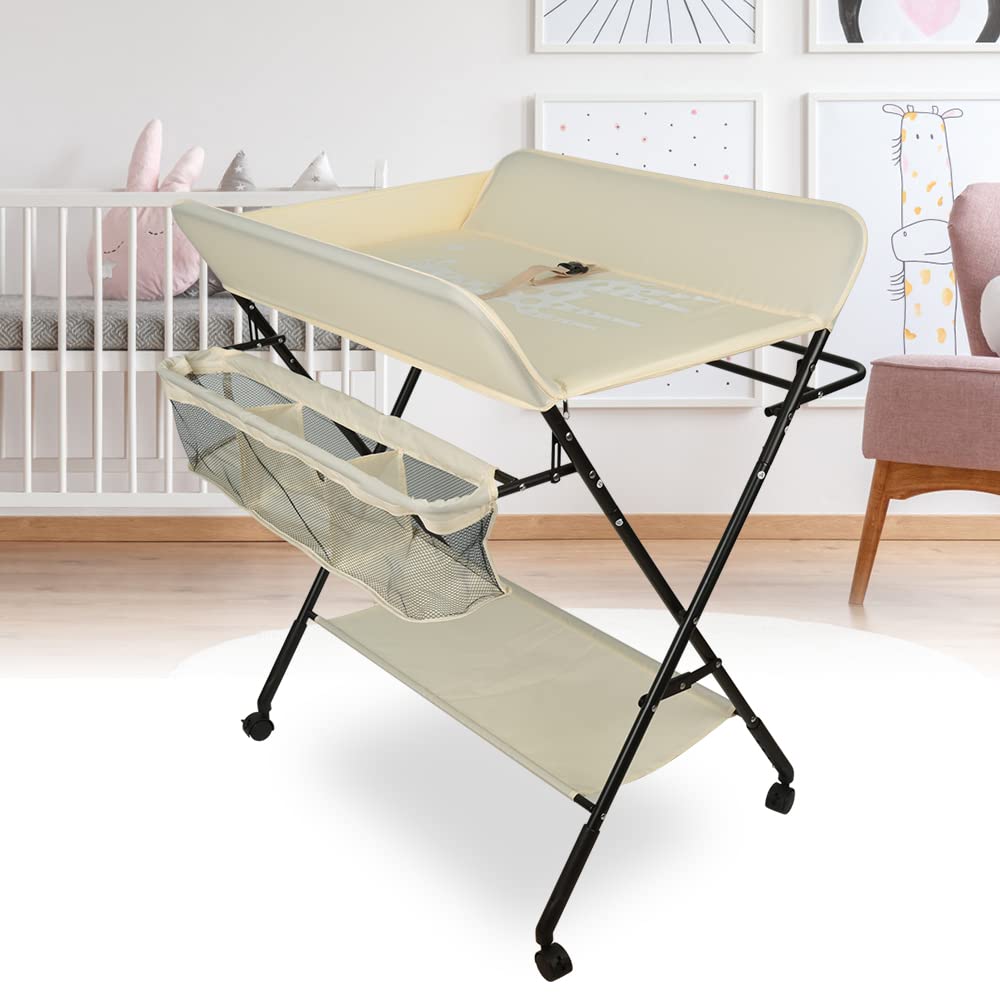 OHMG Baby Wickelkombi Klappbare Wickelkommode,Wickeltisch mit Rollen,Mobiler Wickeltisch mit Wickela