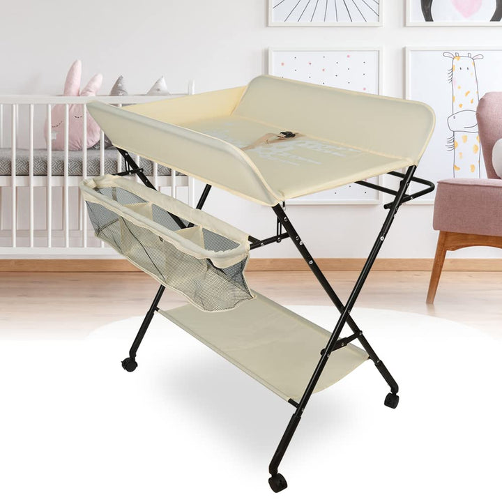 OHMG Baby Wickelkombi Klappbare Wickelkommode,Wickeltisch mit Rollen,Mobiler Wickeltisch mit Wickela