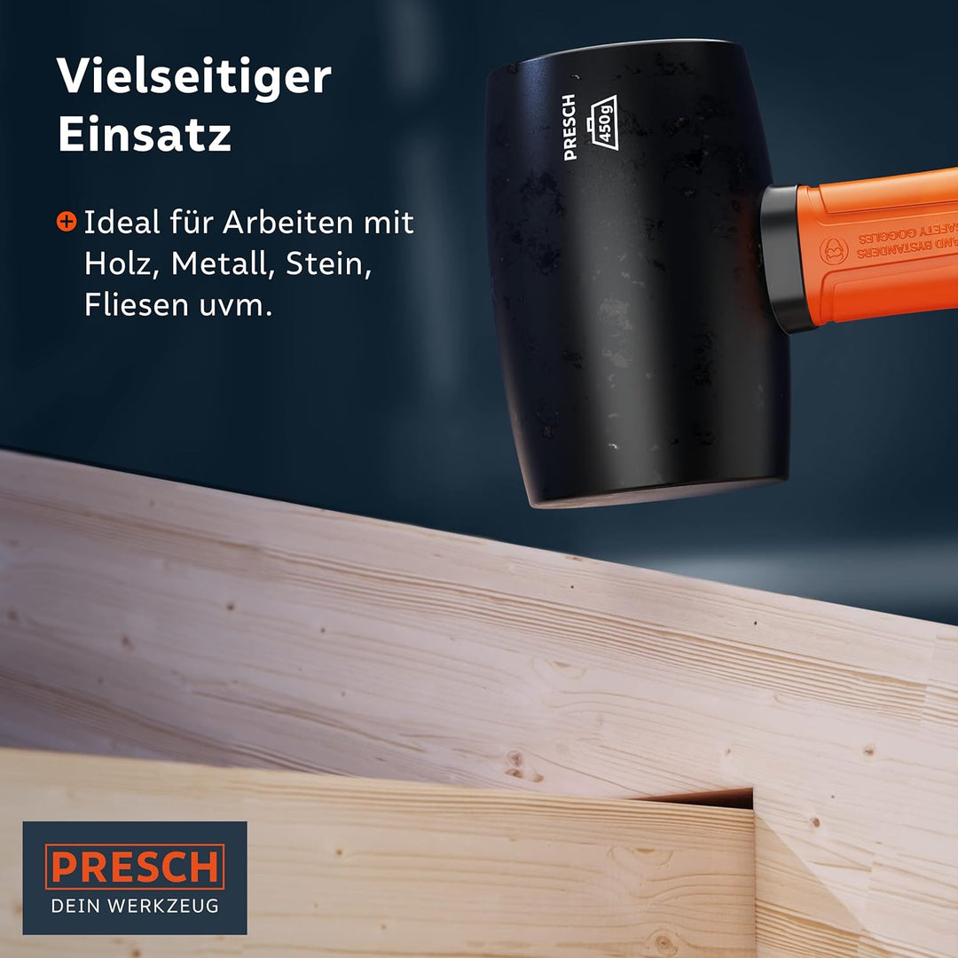 Presch Gummihammer Schwarz 450g - Hartgummihammer mit Fiberglasstiel | ⌀=55mm - Schwarzer Naturkauts