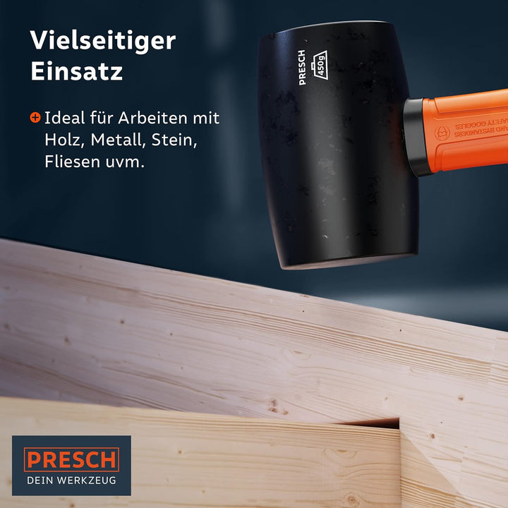 Presch Gummihammer Schwarz 450g - Hartgummihammer mit Fiberglasstiel | ⌀=55mm - Schwarzer Naturkauts