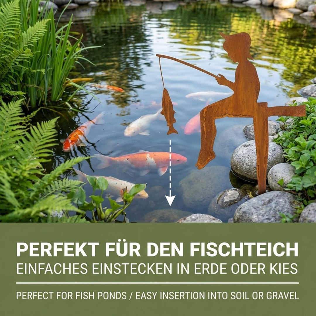 Edelrost Angler Gartenstecker-einfach einsteckbare Rostdeko aus hochwertigem Cortenstahl für Garten,