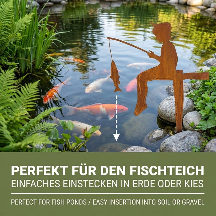 Edelrost Angler Gartenstecker-einfach einsteckbare Rostdeko aus hochwertigem Cortenstahl für Garten,