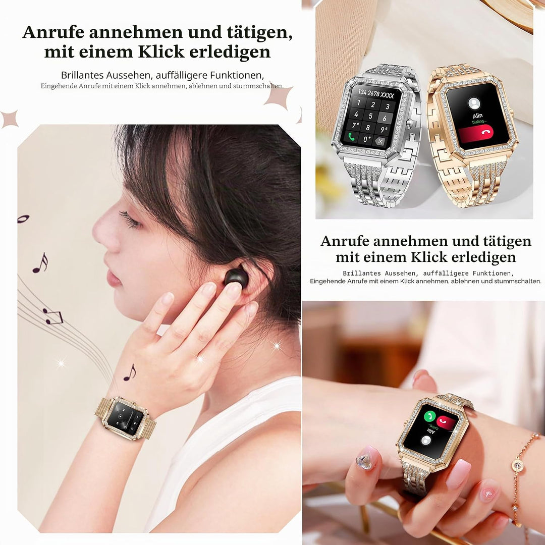 MYSHUN Smartwatch Damen mit Telefonfunktion, 1,59” Fitnessuhr Diamond Uhren Fitness Tracker 123 Spor