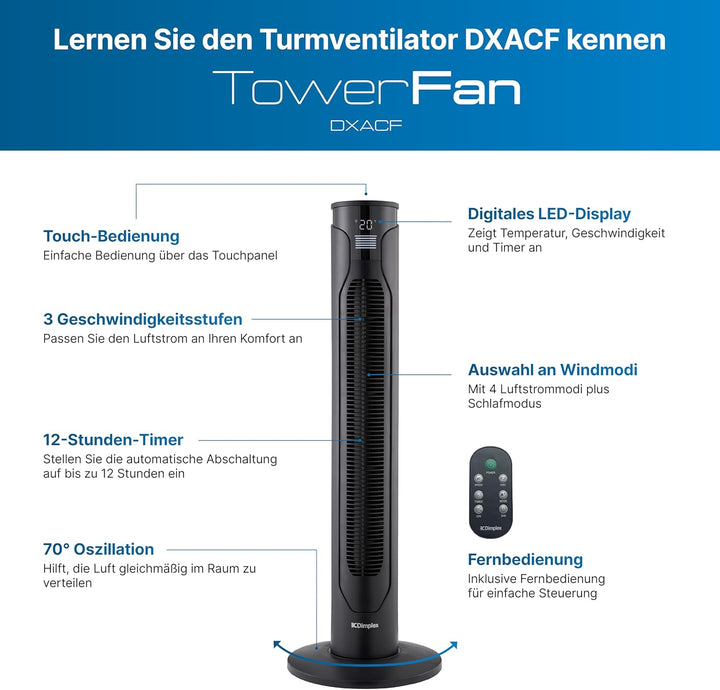 DIMPLEX Tower Fan Turmventilator, Standventilator 70° Oszillierend mit 3 Geschwindigkeiten, 12 Std.-
