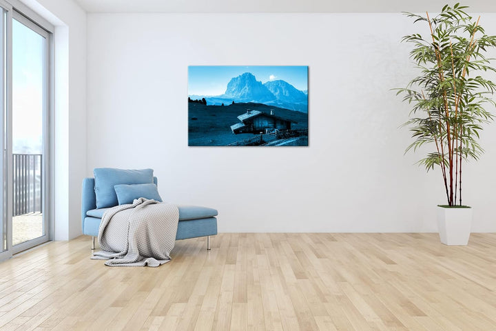 deyoli Holzhütte im Gebirge Format: 80x60 Effekt: Monocrome Blau als Leinwandbild, Motiv fertig gera