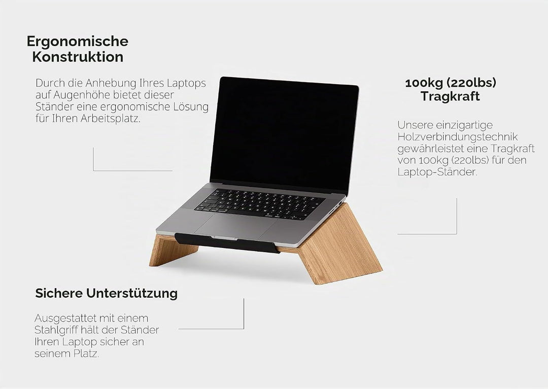 Oakywood - Laptop Ständer Holz - Notebook Stand - für Laptops 13-14", Hand Made, mit Metall Halterun