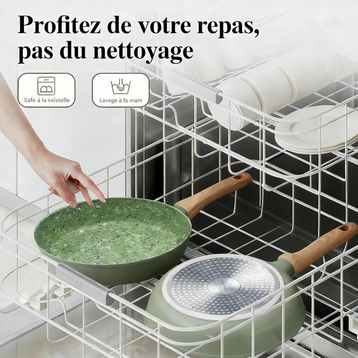 Leichte Antihaftbeschichtete Bratpfanne mit Holzgriff, Keramik-Aluminium, PTFE PFOA-frei, (24cm+28cm