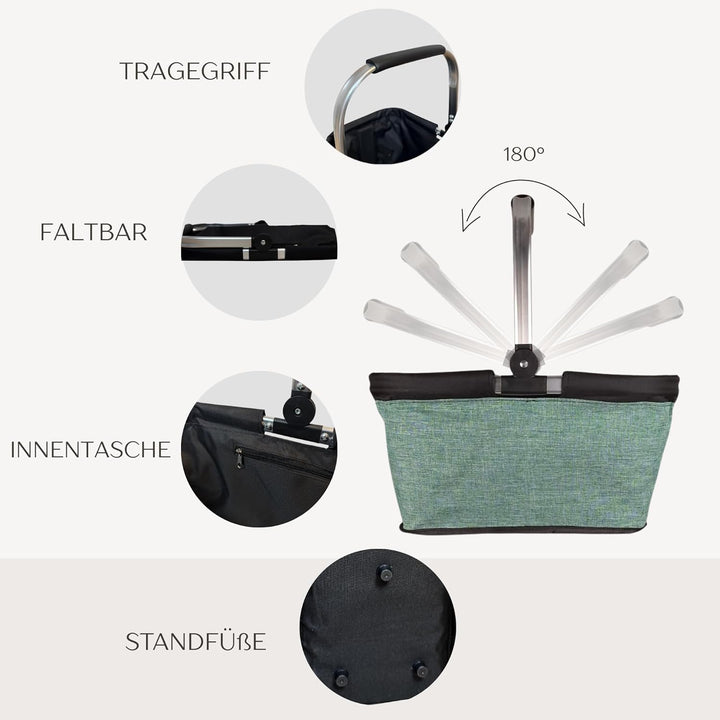 Einkaufskorb faltbar, 20L Tragekorb mit Alurahmen faltbar, Geschenk Einkaufstasche Mama, schwarz, Sc