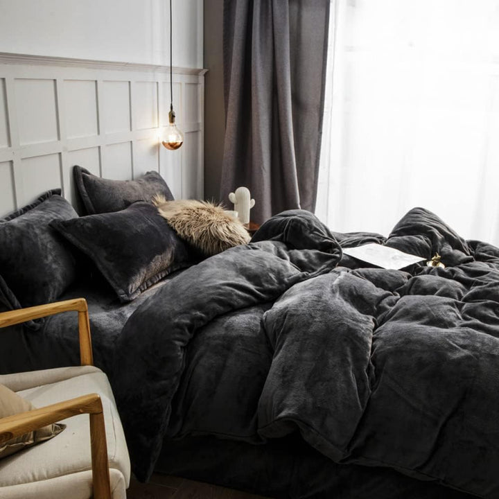 Omela 4 Teilig Warm Fleece Winter Bettwäsche 135x200 Dunkelgrau Cashmere Touch Plüsch Bettbezug mit