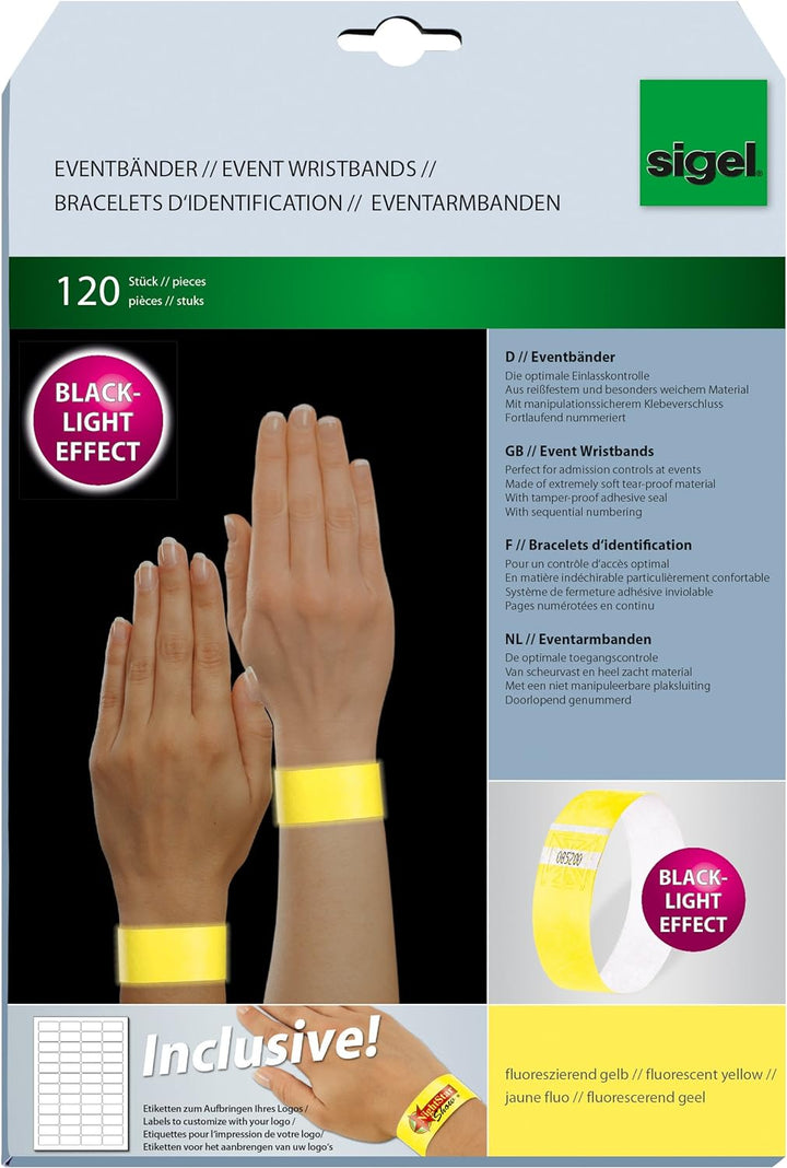 SIGEL EB218 Einlassbänder Super Soft, 120 Stück, Gelb fluoreszierend, Festival Armbänder 120 Stück g