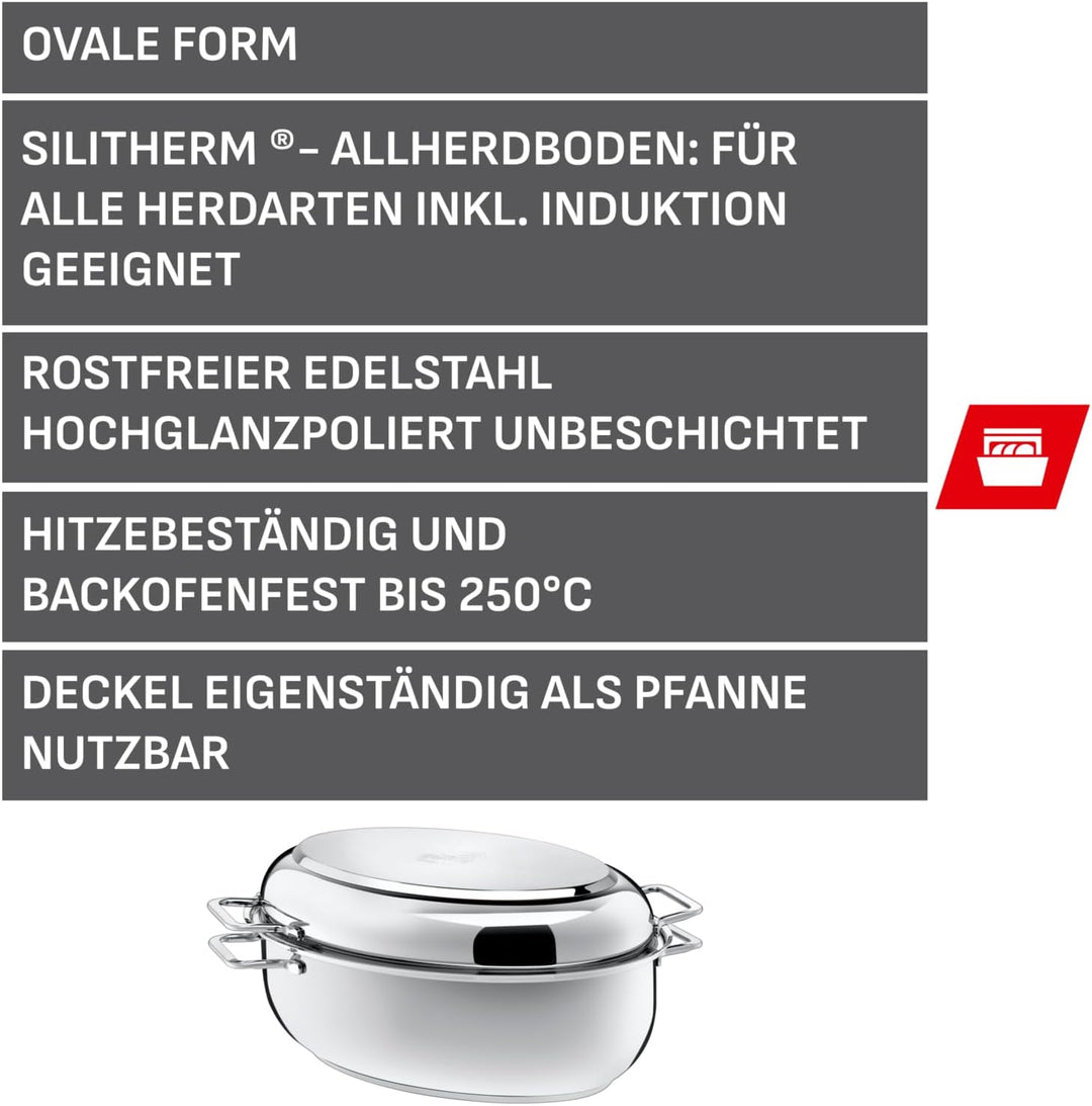 Silit Bräter mit Deckel backofengeeignet, 7,7l, Edelstahl Bräter Induktion, Induktionsdeckel, 38 x 2