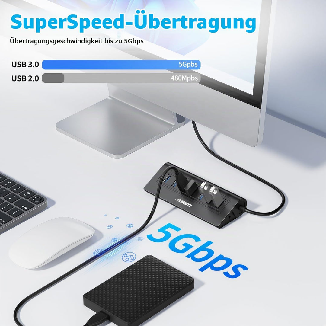 7-Port USB 3.0 Hub, Aluminium USB Verteiler 5Gbps Multiport Adapter mit 100cm Langkabel und 5V/4A St