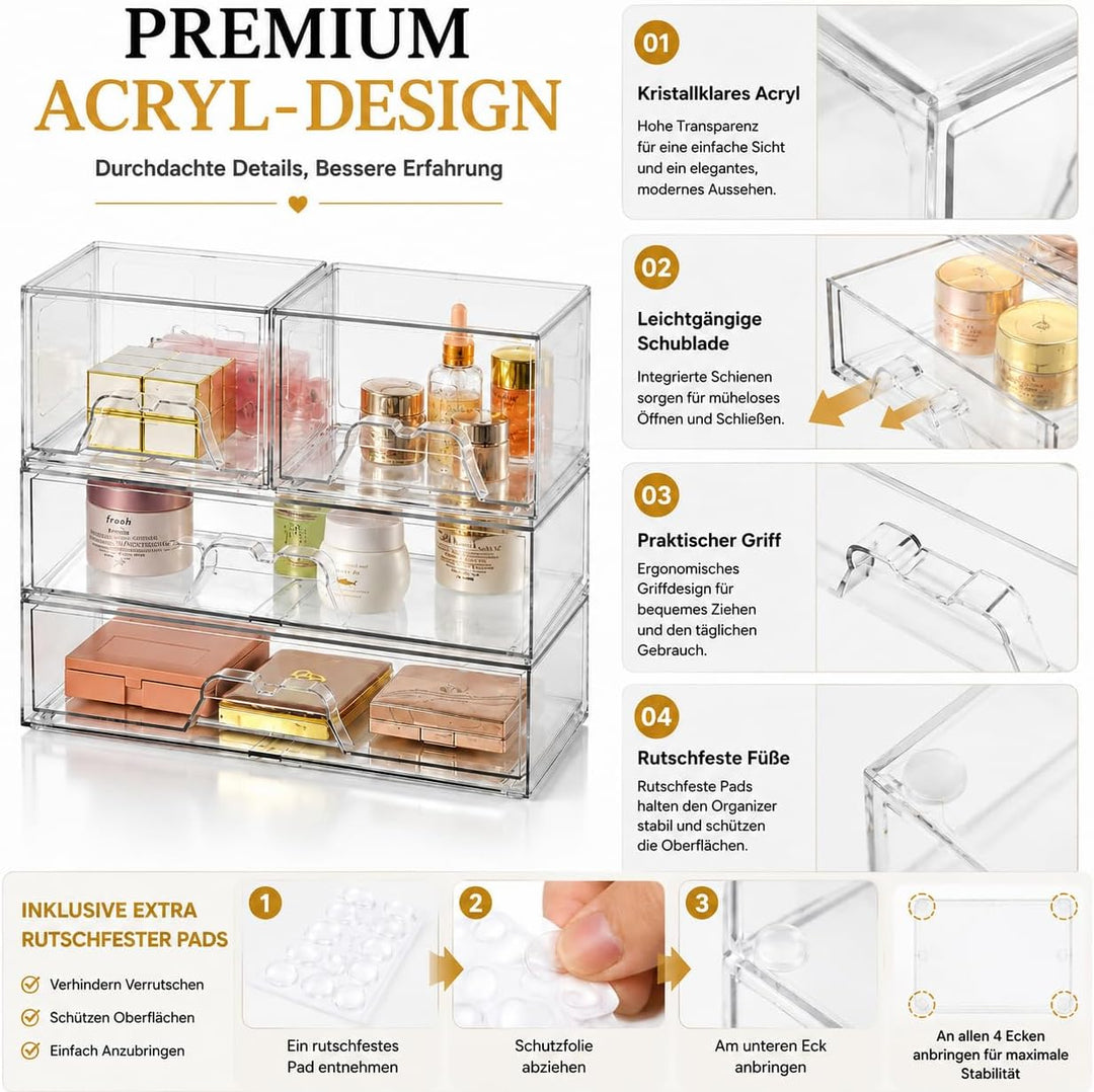 4er Set Kosmetik Organizer mit Schubladen, Stapelbar, Transparent | 4 separate Boxen – einzeln, nebe