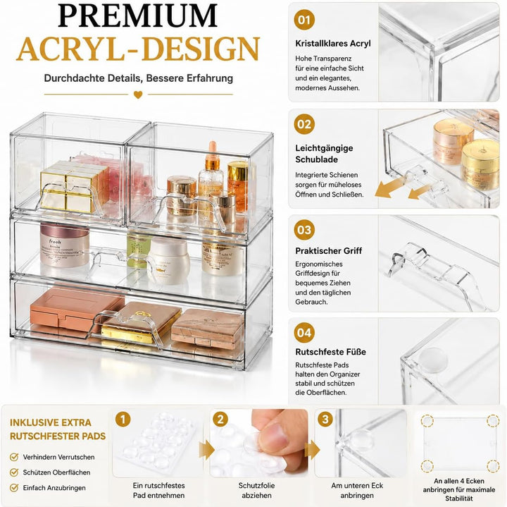 4er Set Kosmetik Organizer mit Schubladen, Stapelbar, Transparent | 4 separate Boxen – einzeln, nebe