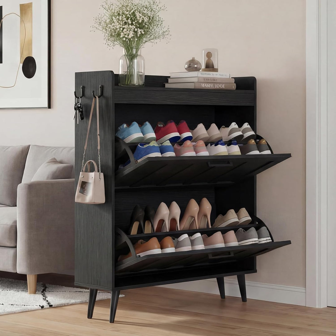Schuhschrank Schmal mit 2 Klappschubladen, Landhausstil Schuhaufbewahrung für Flur Wohnzimmer, Kipps