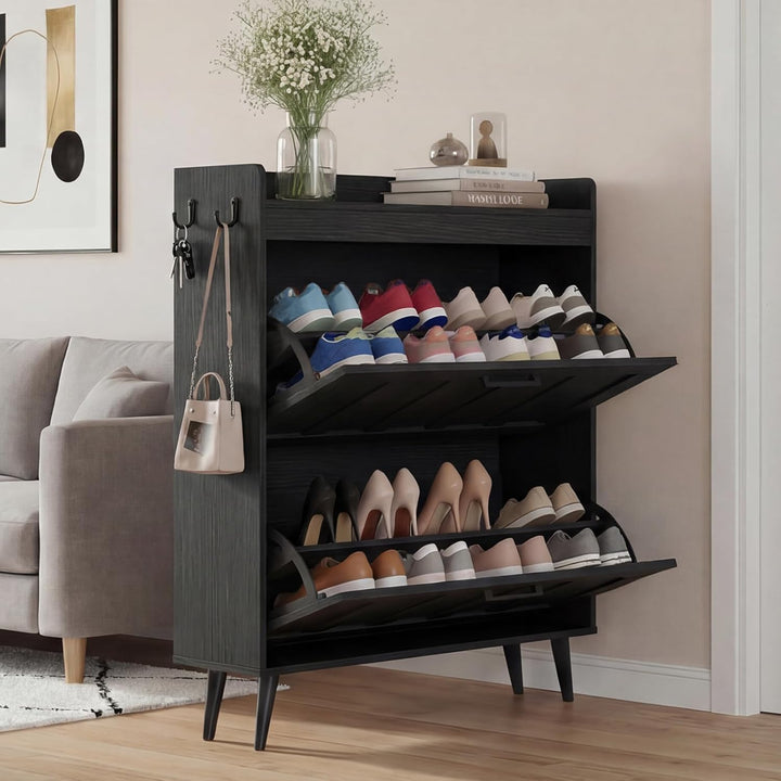Schuhschrank Schmal mit 2 Klappschubladen, Landhausstil Schuhaufbewahrung für Flur Wohnzimmer, Kipps