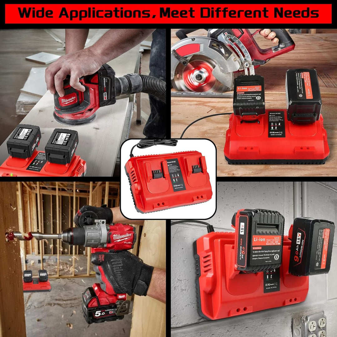 Ersatz Ladegerät Kompatibel mit Milwaukee M18 Akku, 14.4V-18V 4A Dual Port Schnellladegerät mit LED-