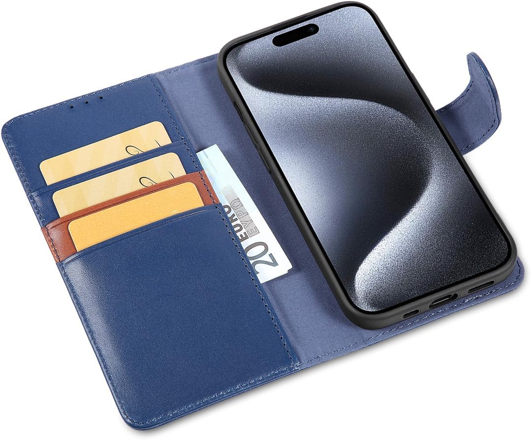 LENSUN Echtleder Hülle für iPhone 15 Pro, Handyhülle Echt Leder [Magnetverschluss][Kartenfach][Klapp