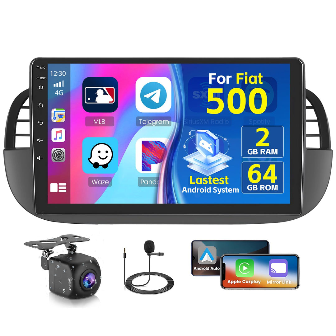 Radio für FIAT 500 2007-2015 Android 15 2+64G mit Wireless CarPlay Android Auto, 9 Zoll Bildschirm m
