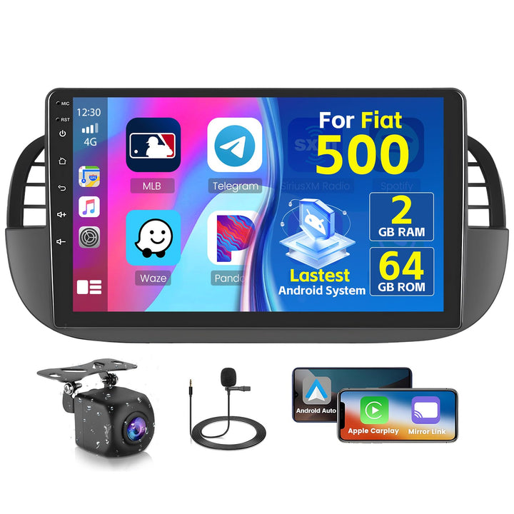 Radio für FIAT 500 2007-2015 Android 15 2+64G mit Wireless CarPlay Android Auto, 9 Zoll Bildschirm m