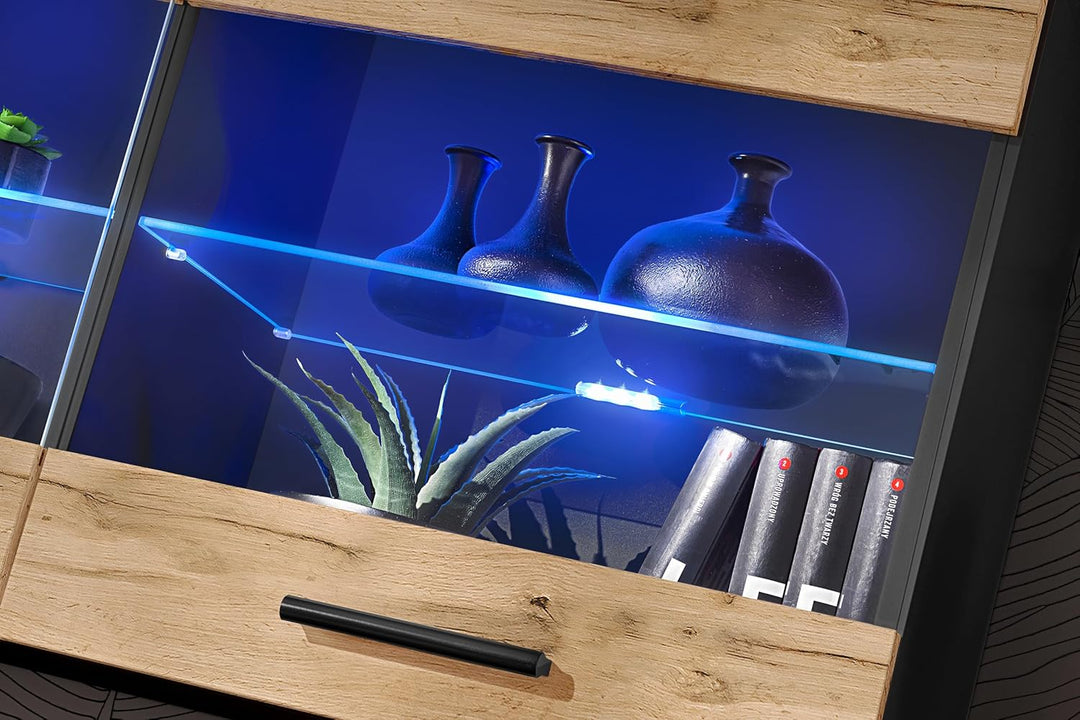 Komodee, Vitrine Schrank Savona, Wotan/Schwarz, Breite 100cm x Höhe 50cm x Tiefe 30cm, ohne LED, 2 G