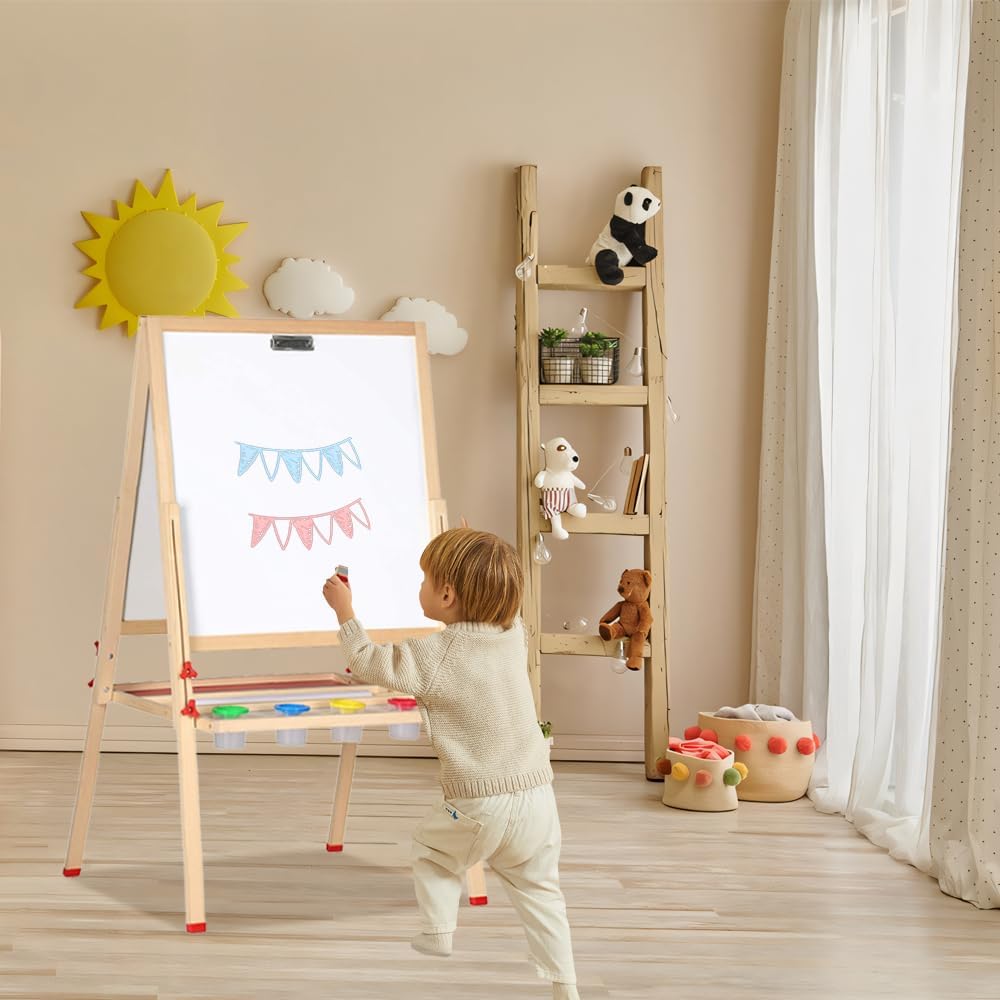 Kinder Spiel-Tafel aus Holz, Kinder Staffelei Doppelseitige Whiteboard und Tafel, Spieltafel mit Auf