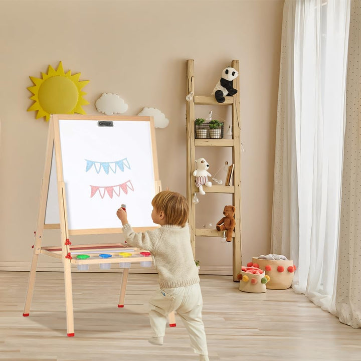 Kinder Spiel-Tafel aus Holz, Kinder Staffelei Doppelseitige Whiteboard und Tafel, Spieltafel mit Auf