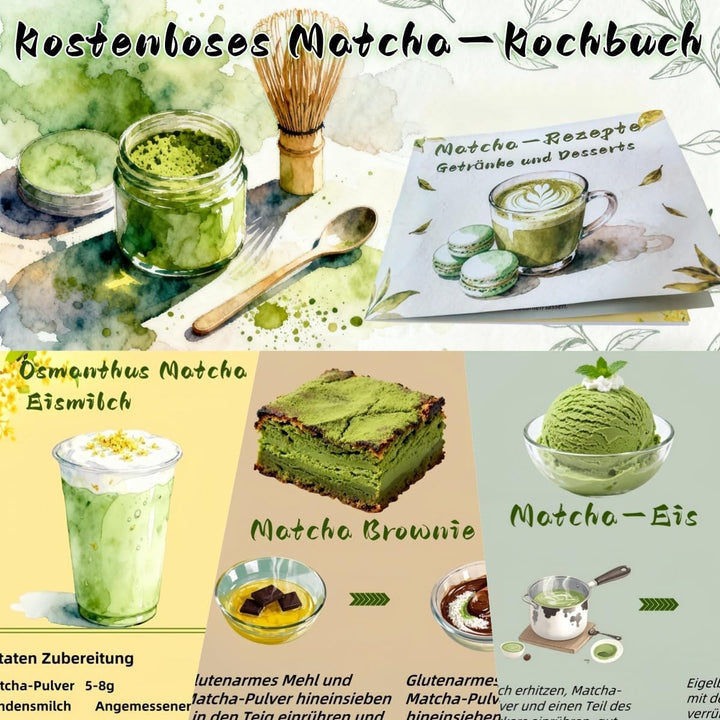 Matcha Set mit 9 Zubehörteilen | Inklusive Rezepten für Gebäck & Getränke mit Präzisionsmesslöffel |