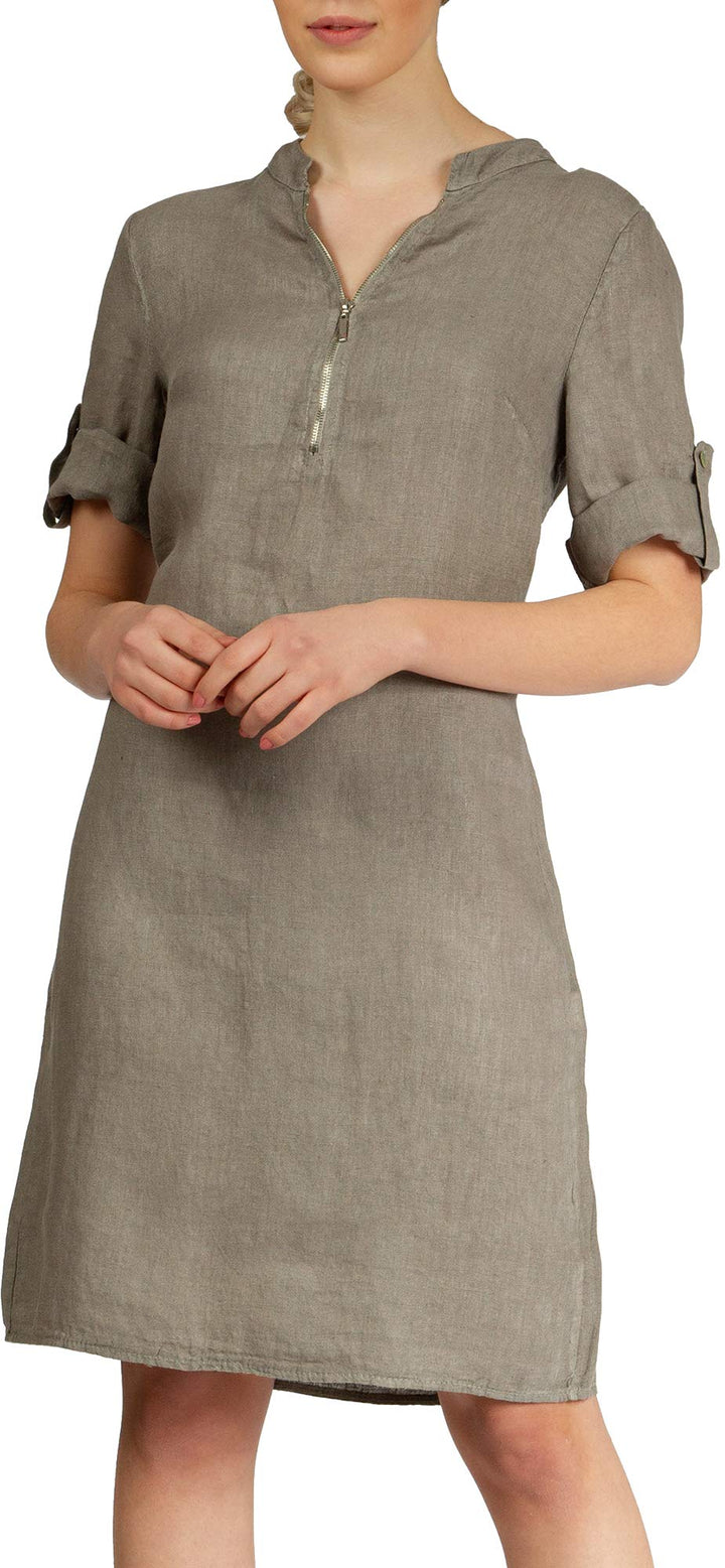 Caspar SKL037 stylisches knielanges Damen Sommer Leinenkleid mit Reissverschluss Ausschnitt 36 Taupe
