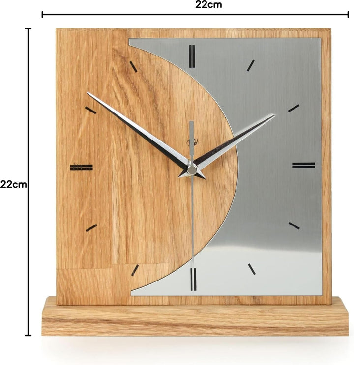 Kreative Feder Designer-STANDUHR „Silvermoon“ aus Eichenholz – analoge TISCHUHR ohne Tickgeräusche (