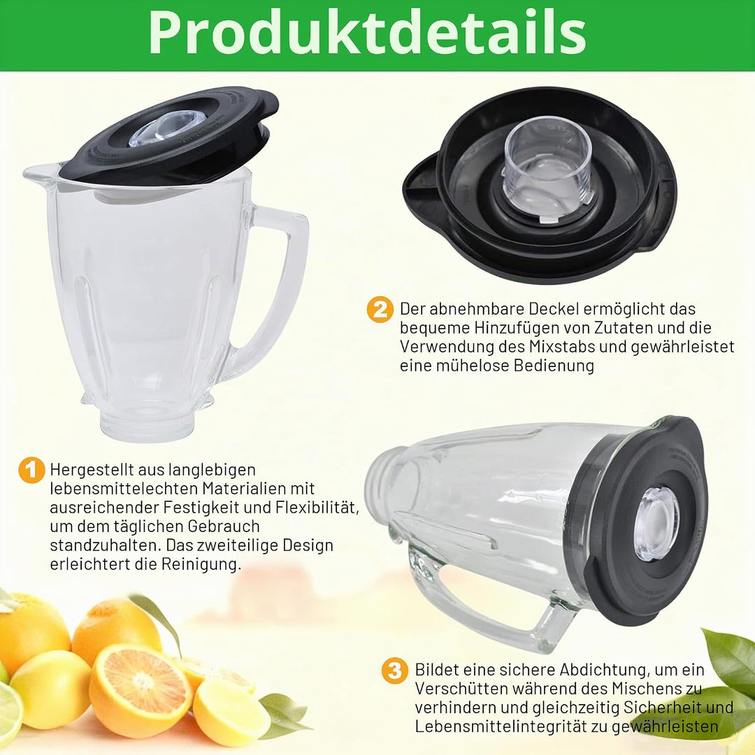 Ersatz Kompatibel mit Oster und Osterizer Standmixer, Runder Glaskrug 6 Tassen 1,5L mit Deckel Kompa
