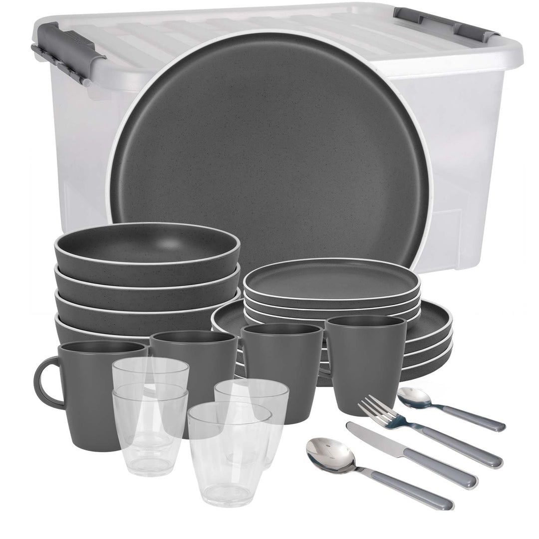 BRUNNER: Melamin Geschirr-Set Camping | 36-Teilig - Teller, Becher, Besteck & Gläser für 2-4 Persone