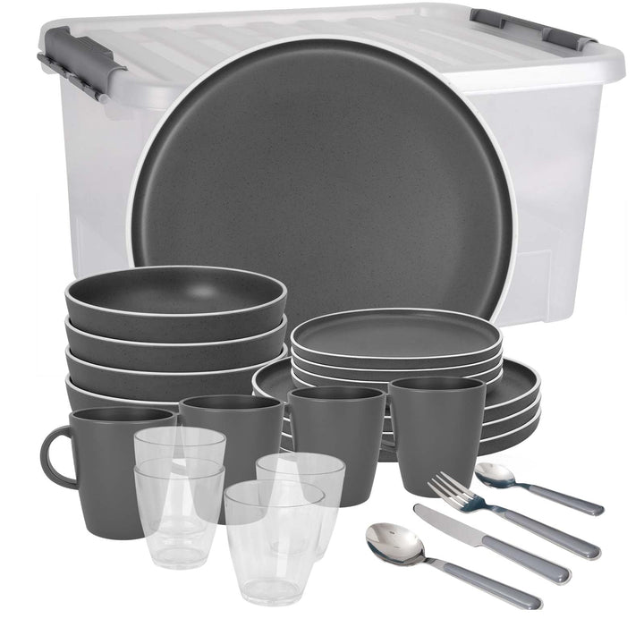 BRUNNER: Melamin Geschirr-Set Camping | 36-Teilig - Teller, Becher, Besteck & Gläser für 2-4 Persone