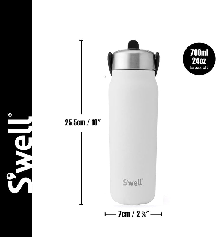 S'well Explorer Flasche aus recyceltem Edelstahl mit Klapp-Trinkhalm-Deckel, 700 ml, Stil weisser Mo