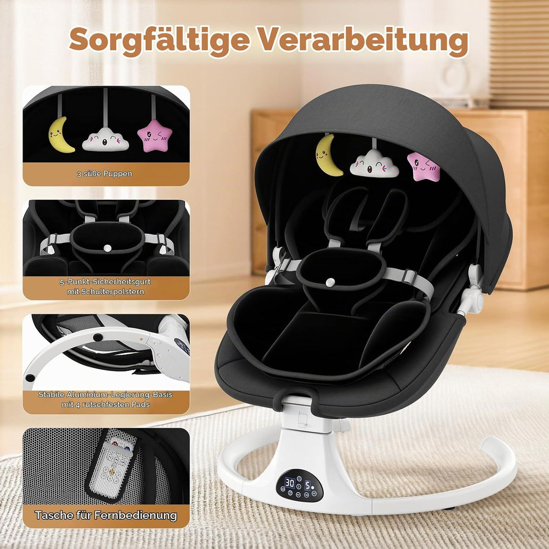 Verstellbare Rückenlehne Babyschaukel, Bluetooth Elektrisch Babywippe Mit Abnehmbares Kissen und Abn