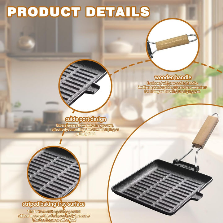 Steakpfanne Gusseisen 20x20cm, Grillpfanne Induktion mit Klappbarem Holzgriff, Viereckige Grillplatt