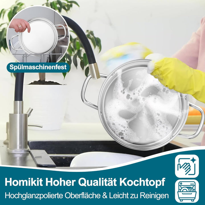 Homikit 9,4L Kochtopf, Edeastahl Topf Nudeltopf Induktion mit Glasdeckel, Suppentopf Fleischtopf aus