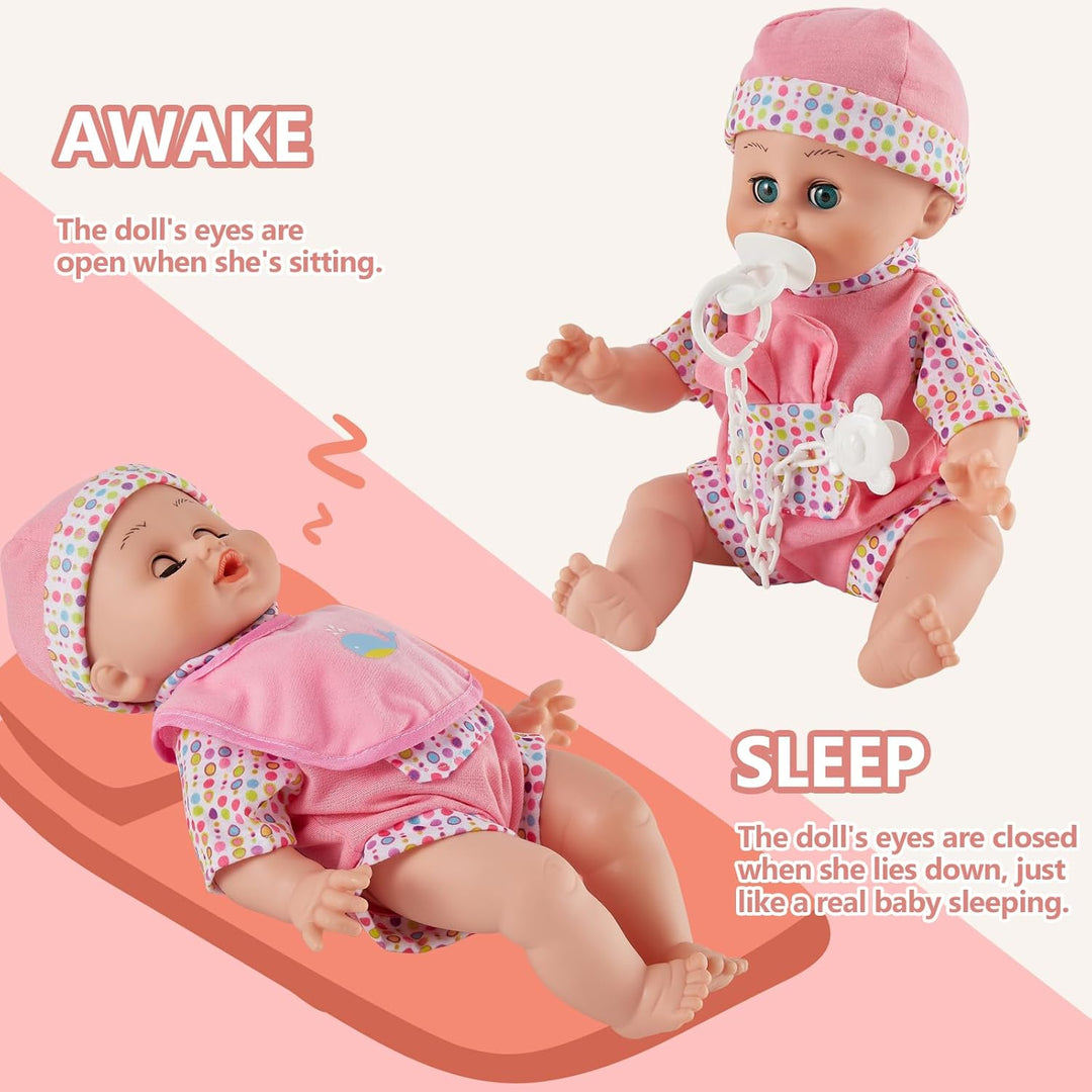 HERSITY Babypuppen Spielset mit 12 Ton und Automatisches Öffnen und Schliessen Augen, Puppen Kleider