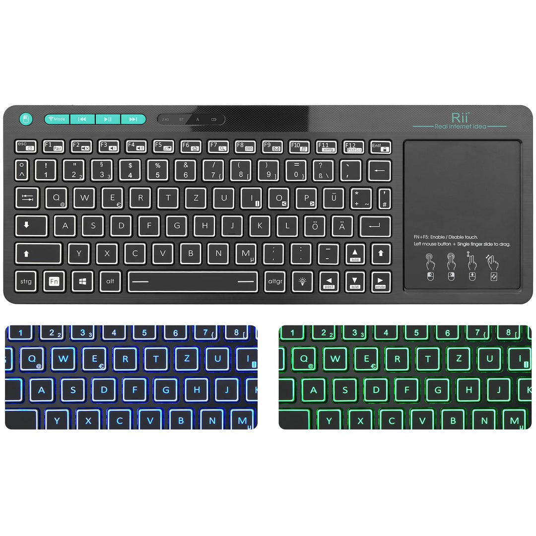 Rii Bluetooth Tastatur mit touchpad(Bluetooth 5.0 + 2.4G Wireless), Mini Tastatur Beleuchtet mit 2 L