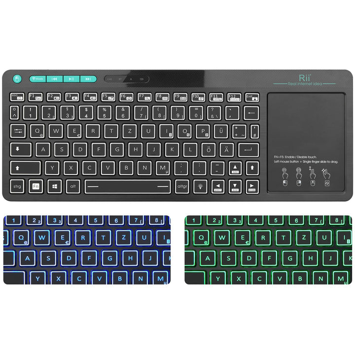 Rii Bluetooth Tastatur mit touchpad(Bluetooth 5.0 + 2.4G Wireless), Mini Tastatur Beleuchtet mit 2 L