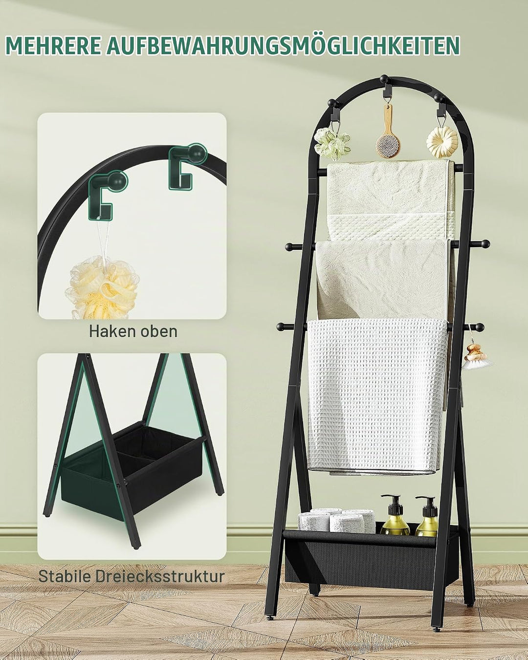 Hzuaneri Handtuchhalter, Handtuchständer mit Haken &amp; Stoffkörben, reistehender Handtuchhalter Boden